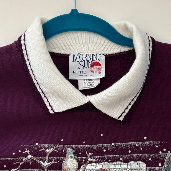 Vintage Morning Sun Sweatshirt Collared Purple Kitten Birds Grandmacore Petite L - Picture 6 of 14